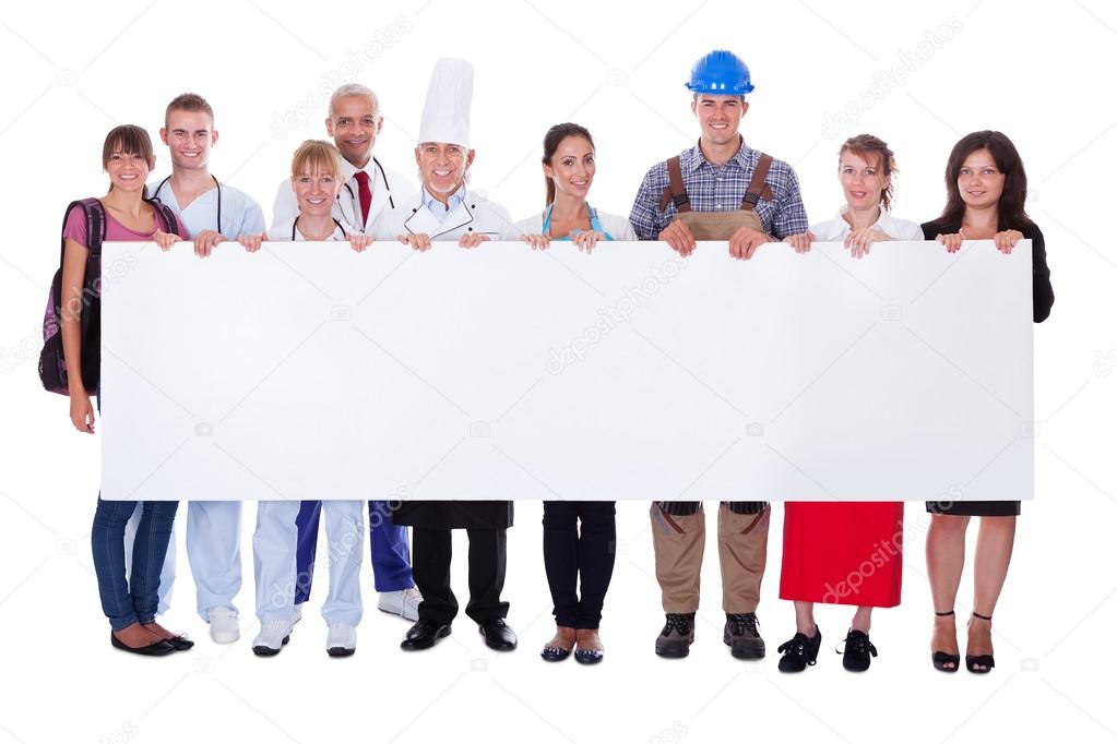 Group of diverse professional with a banner