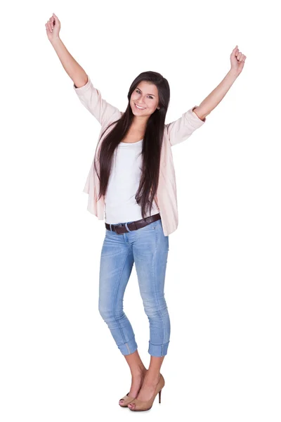 Beautiful woman waving her arms in the air — Stock Photo, Image