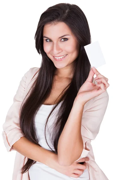 Attractive brunette with business card — Stock Photo, Image