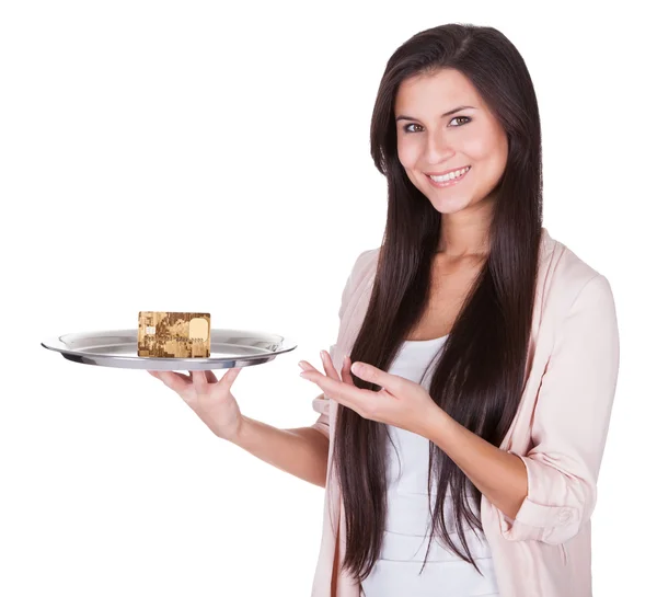 Beautiful woman with an empty tray — Stock Photo, Image