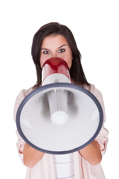 Kobieta krzyczy na głośny głośnik dużej mocy — Zdjęcie stockowe