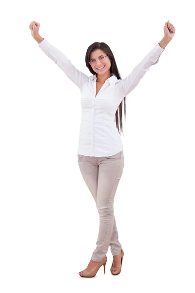 Beautiful woman waving her arms in the air — Stock Photo, Image