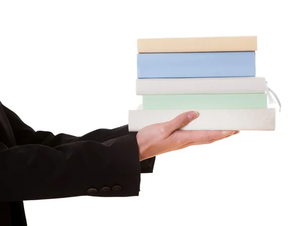 Woman holding stack of books — Stock Photo, Image