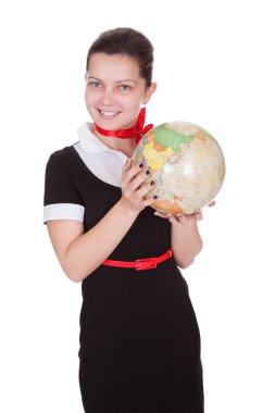 güzel hostes bir küre tutan