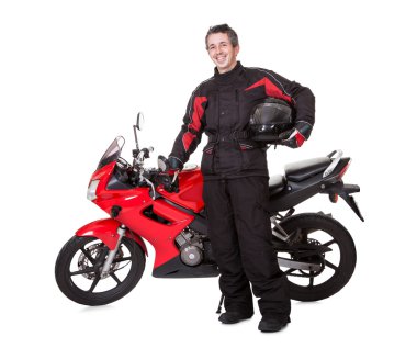 adam onun Motosiklet ile koruyucu giysiler içinde