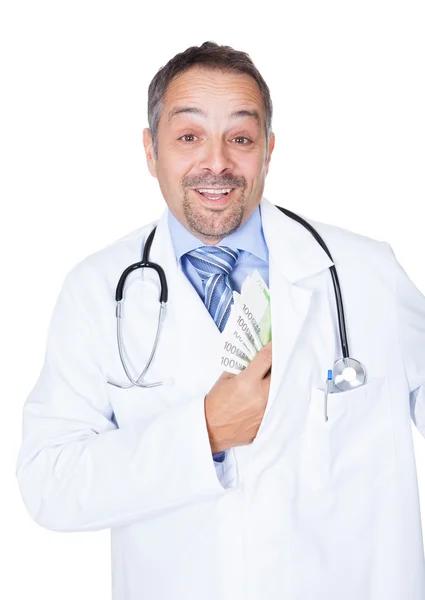 Happy Doctor Holding Euro Note — Foto Stock