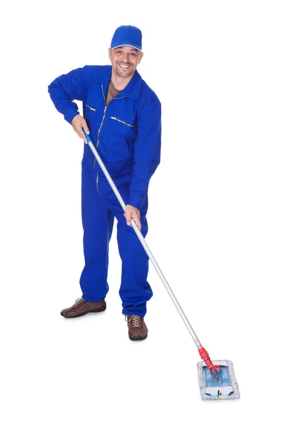 Happy Sweeper Cleaning Floor — Stock Photo, Image