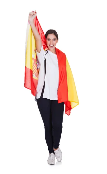 Retrato de uma mulher segurando bandeira espanhola — Fotografia de Stock