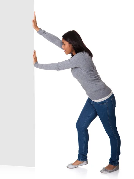 Young Woman Pushing The Placard — Stock Photo, Image