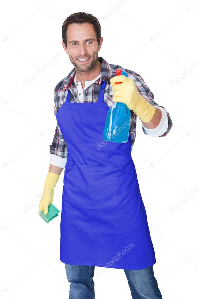 Portrait of a man with sponge and spray