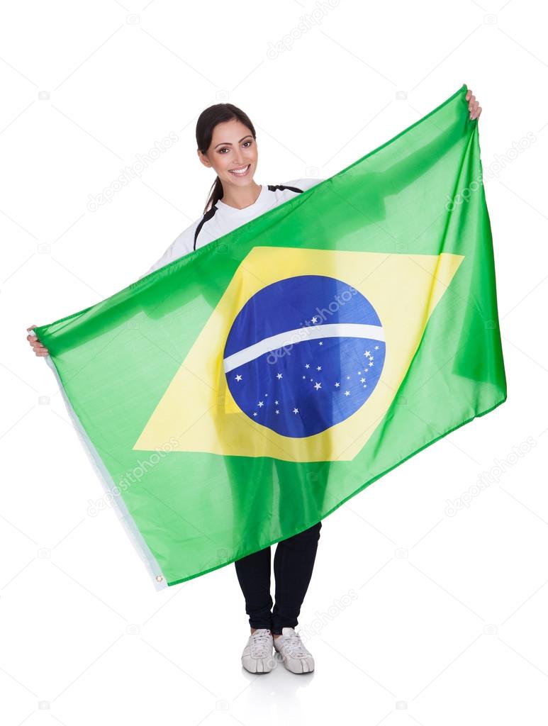 Pretty Woman Holding Brazilian Flag