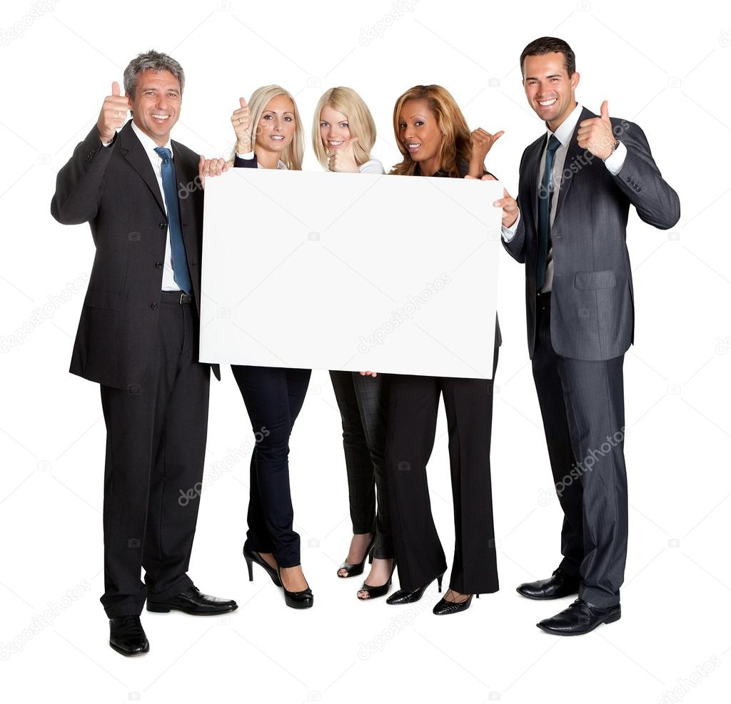 Business with thumbs up holding blank board