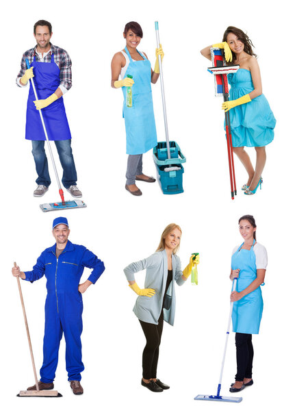 Professional cleaners with equipment
