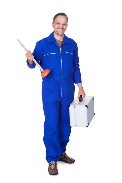 Happy Plumber Holding Plunger — Stock Photo, Image