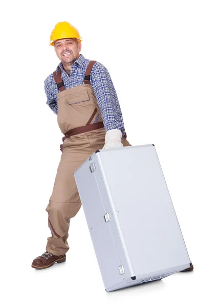 Man With Back Pain Lifting Metal Box — Stock Photo, Image