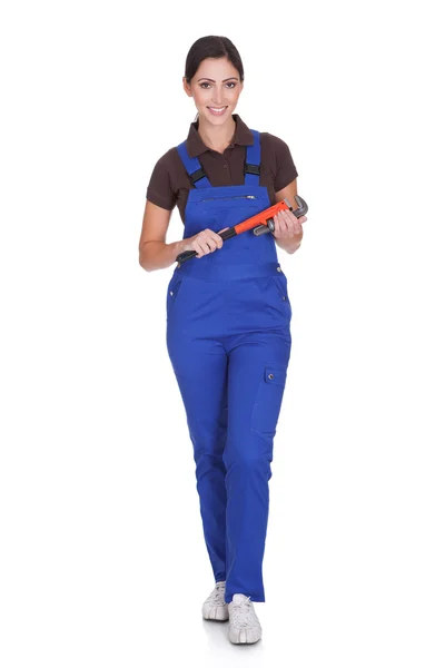 Female Plumber With A Wrench — Stock Photo, Image