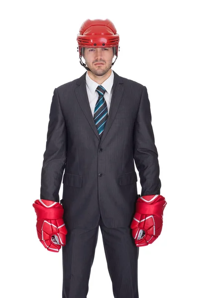 Competitive businessman wearing hockey equipment — Stock Photo, Image