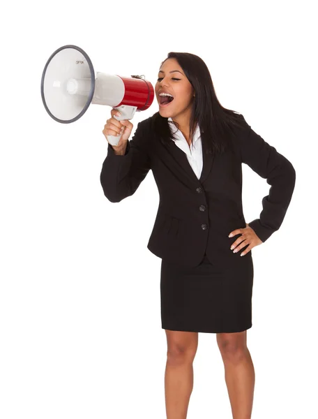 Donna d'affari urlando su Megafono — Foto Stock
