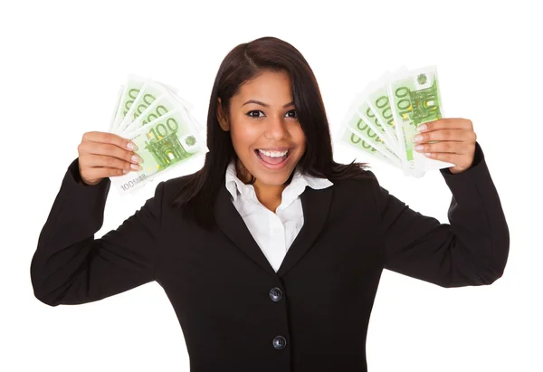 Happy Businesswoman Holding Euro Note In Hand — Stock Photo, Image