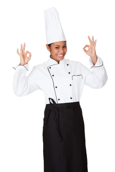 Female Chef Showing Ok Sign — Stock Photo, Image