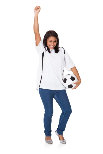 Menina segurando futebol — Fotografia de Stock