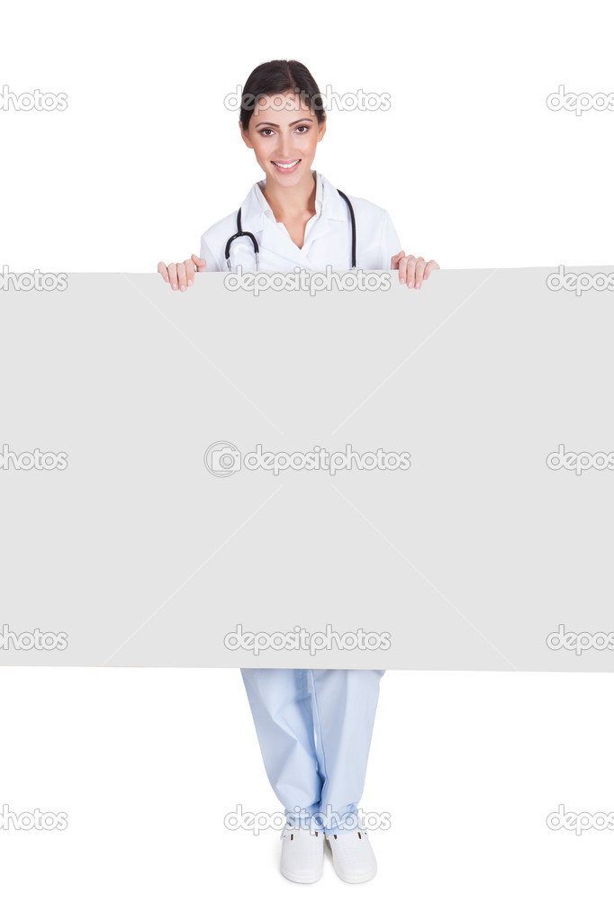 Happy Female Doctor Holding Placard