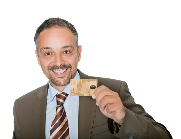 Ευτυχής επιχειρηματίας, κρατώντας μια πιστωτική crad — Φωτογραφία Αρχείου