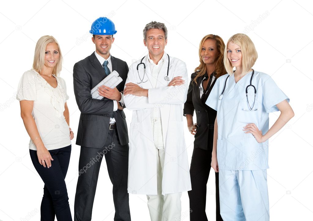 Group of in different occupations on white