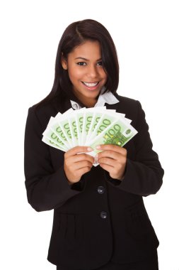 mutlu işkadını Euro Not elinde tutan