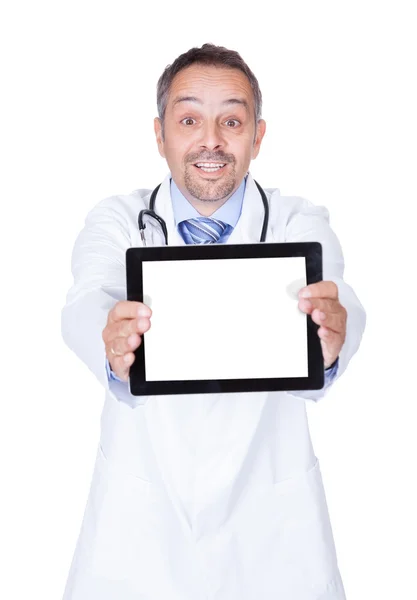 Happy Doctor Holding Blank Digital Tablet — Stock Photo, Image