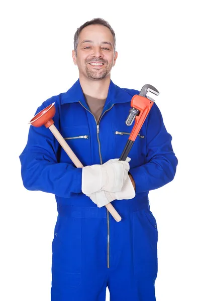 Happy Plumber Holding Plunger And Wrench — Stock Photo, Image