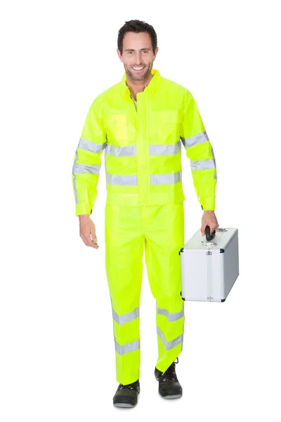 Gelukkig werknemer veiligheidsvest dragen — Stockfoto