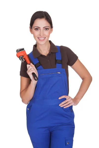 Female Plumber With A Wrench — Stock Photo, Image