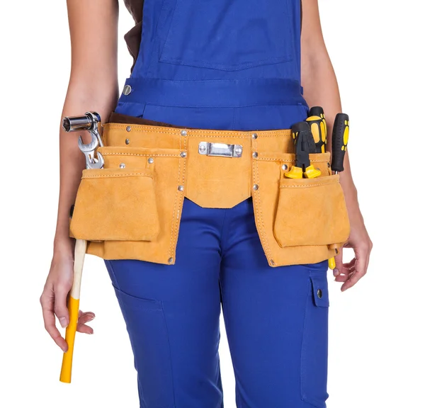 Pracownik budowlany kobieta z toolbelt — Zdjęcie stockowe