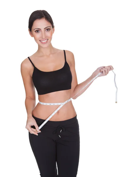 Fit Young Woman Measuring Her Waistline — Stock Photo, Image