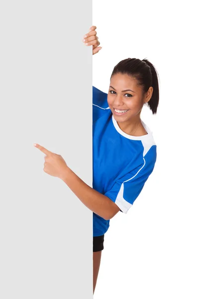 Happy Young Girl Holding Volleyball And Placard — Stock Photo, Image
