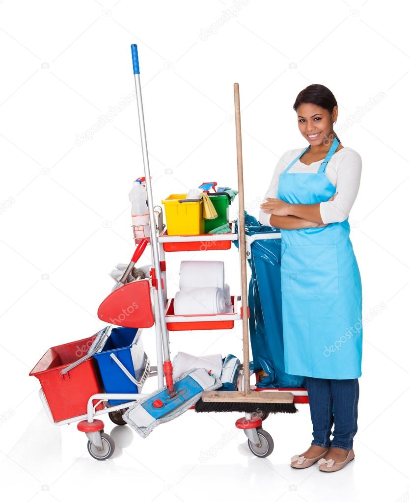 Female Cleaner With Cleaning Equipment
