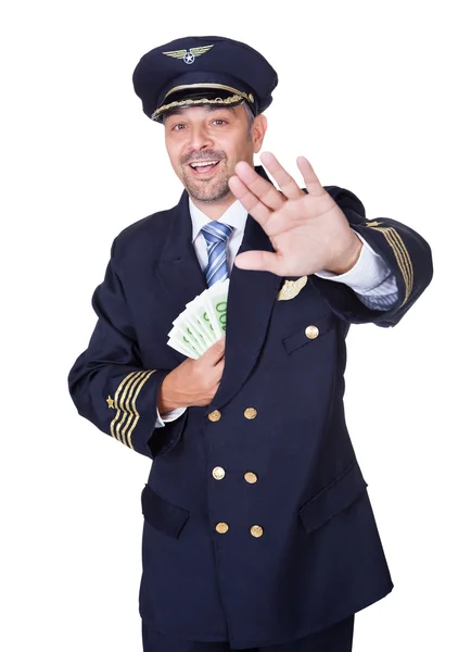 Retrato de Happy Pilot Holding Euros — Foto de Stock