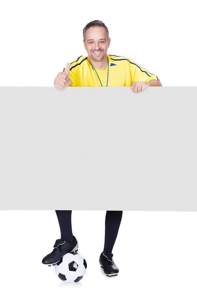 Happy Coach Holding Placard And Football — Stock Photo, Image