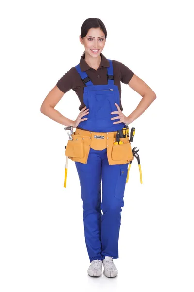 Female Construction Worker With Toolbelt — Stock Photo, Image