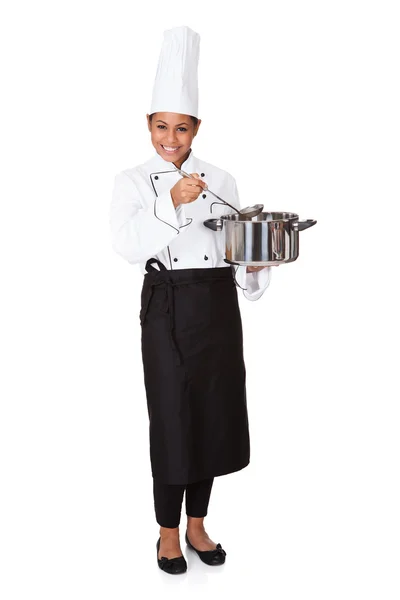 Female Chef With Cooking Pot In Hand — Stock Photo, Image