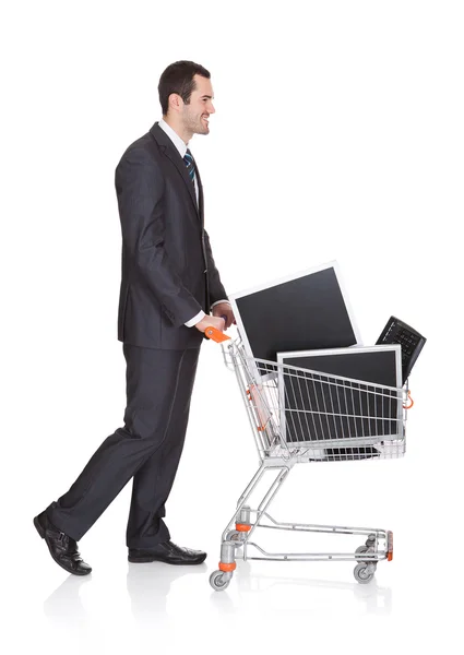 Cheerful Businessman Shopping Lcd Monitors — Stock Photo, Image