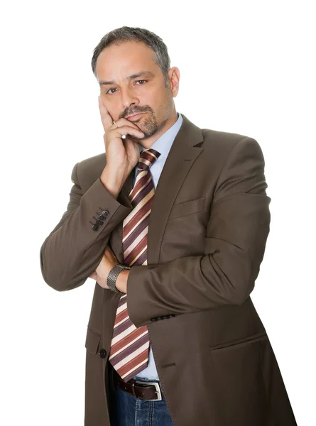 Pensativo homem de negócios maduro no fundo branco — Fotografia de Stock