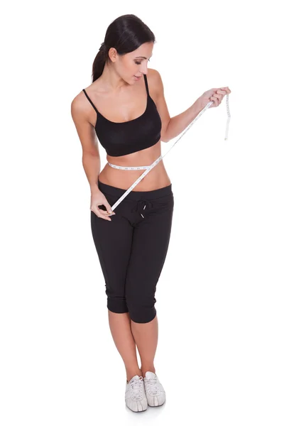 Fit Young Woman Measuring Her Waistline — Stock Photo, Image