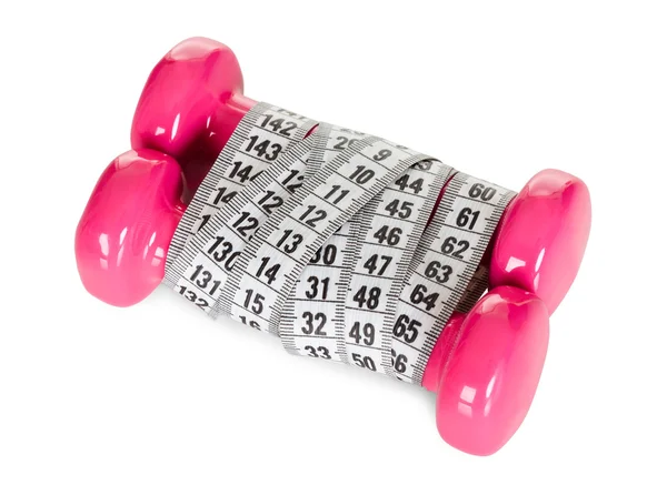 Dumbbells wrapped in measuring tape — Stock Photo, Image