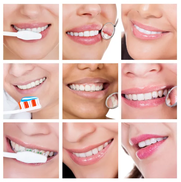 Коллаж улыбающейся женщины, чистящей зубы — стоковое фото