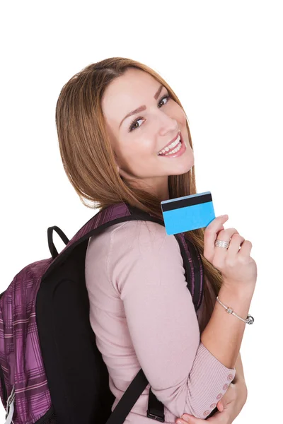 Estudante Feminino Segurando Cartão de Crédito Sobre Fundo Branco — Fotografia de Stock