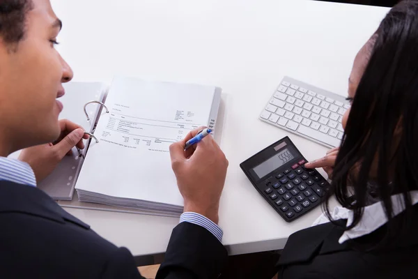 Two Business Calculating Finance Together In Office — Stock Photo, Image