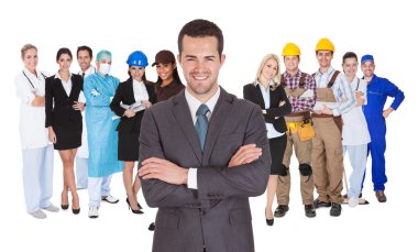 Workers of different professions together on white