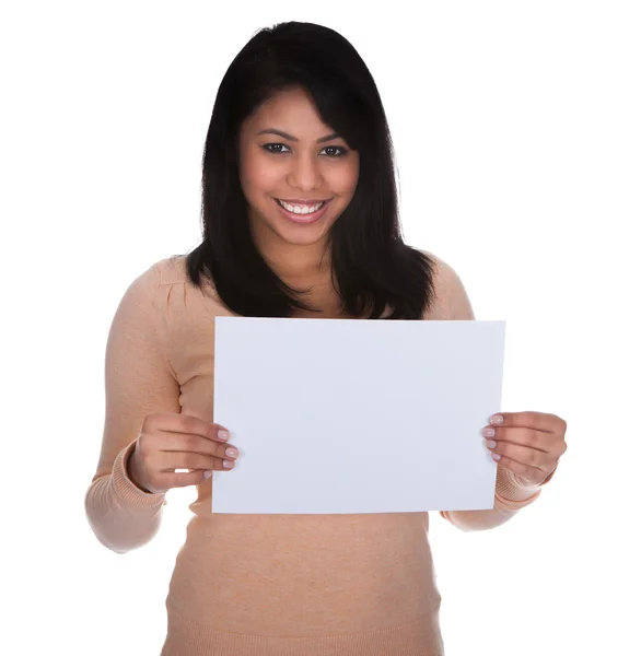 Young Woman Pointing At Placard — Stock Photo, Image